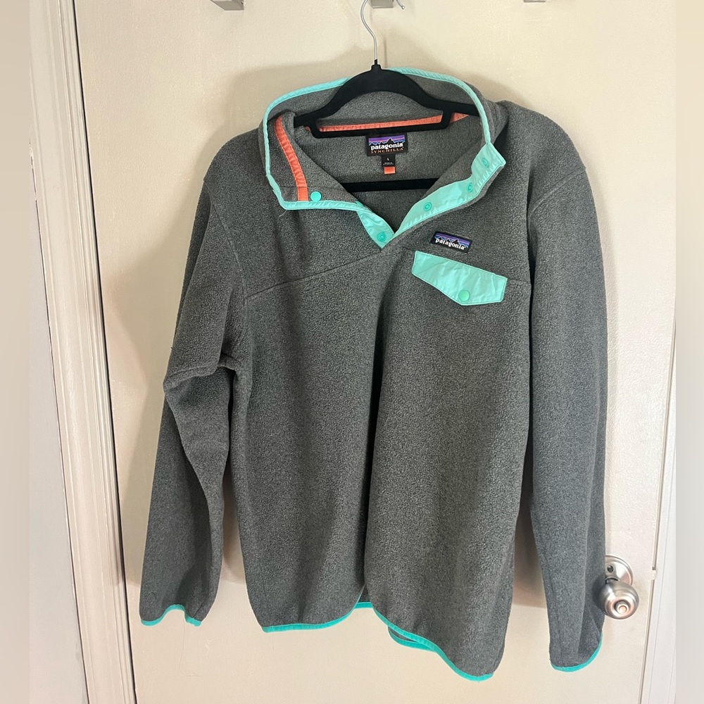 Patagonia synchilla gray grey teal fleece pull over size L large